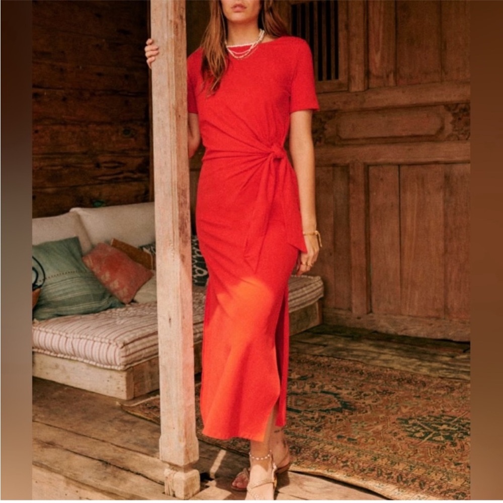 Sezane Burnt Orange/Red Pippa Knot-Detail Midi Dress